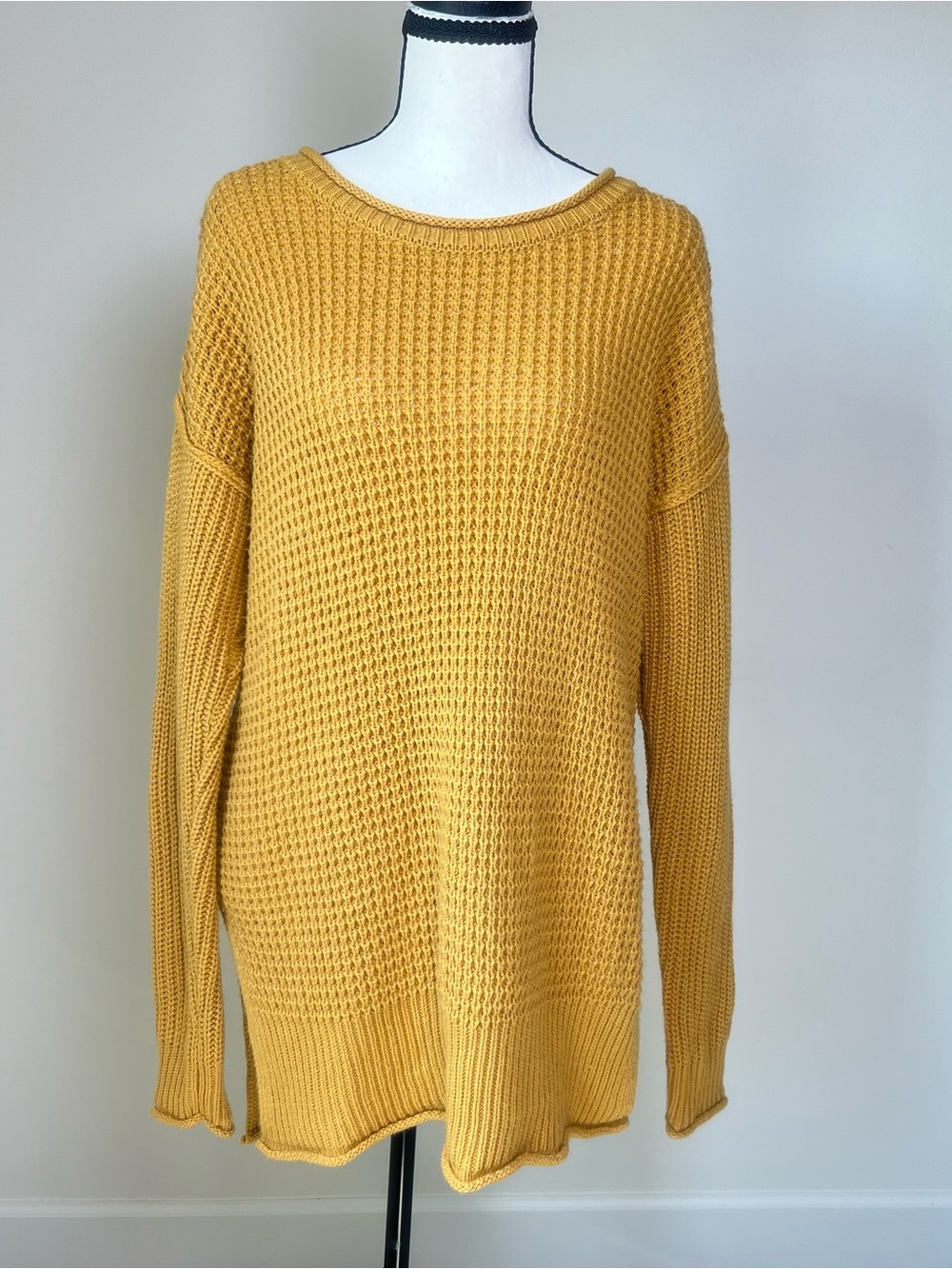 Pink Rose Mustard Waffle Knit Crewneck Sweater Coastal Grandma